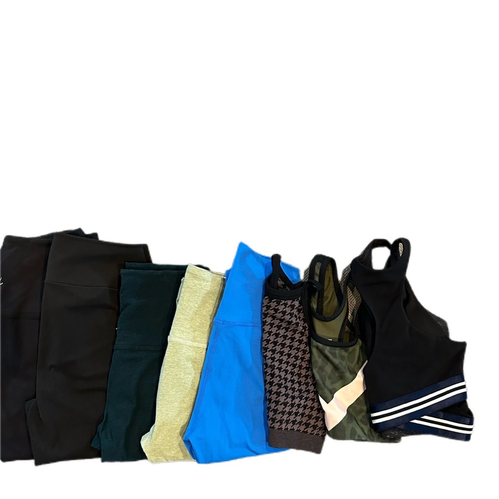 LOT 8 PCS P'TULA BEYOND YOGA + LEGGINGS PINK NYLORA SPORTS BRAS XS VG EUC